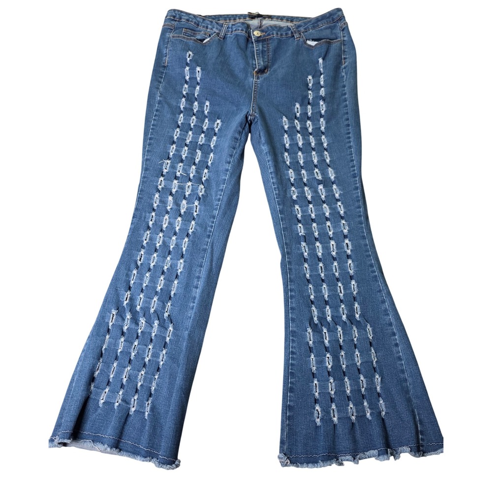 Almost Famous Womens 20 Flare Jeans Blue Distressed Ladder Frayed Hem High Rise